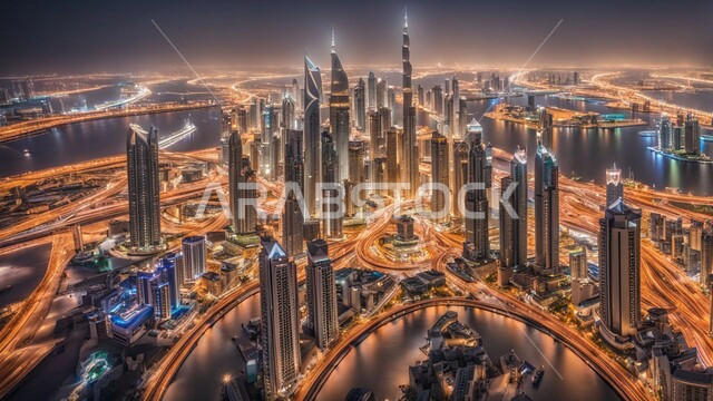 مفهوم تطوير وتحسين البنية التحتية، منظر تخيلي للتقدم والنمو العمراني، بناء مستقبل حضاري متطور في مدينة دبي، المباني والمنشآت التجارية الحديثة المضيئة ليلا، التصاميم والفنون المعمارية للأبراج وناطحات السحاب في الامارات العربية المتحدة
