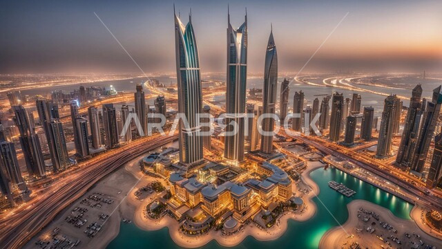 مفهوم تطوير وتحسين البنية التحتية، منظر تخيلي للتقدم والنمو العمراني، بناء مستقبل حضاري متطور في مدينة دبي، المباني والمنشآت التجارية الحديثة المضيئة ليلا، التصاميم والفنون المعمارية للأبراج وناطحات السحاب في الامارات العربية المتحدة