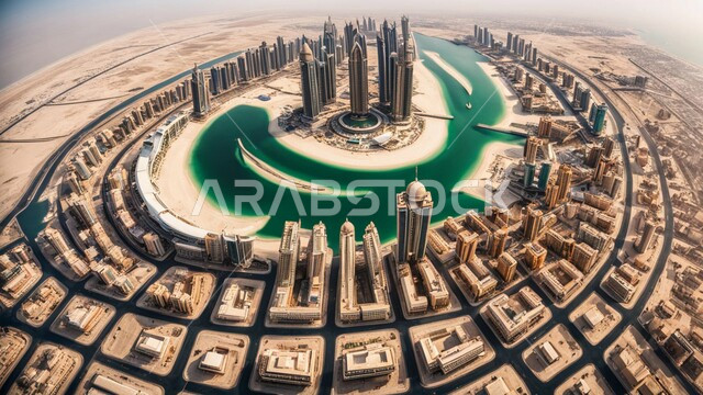 مفهوم تطوير وتحسين البنية التحتية، منظر تخيلي للتقدم والنمو العمراني، بناء مستقبل حضاري متطور في مدينة دبي، المباني والمنشآت التجارية الحديثة، التصاميم والفنون المعمارية للأبراج وناطحات السحاب في الامارات العربية المتحدة