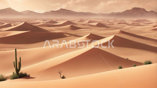 Prickly pear cactus on soft golden sand in desert areas, growth of prickly pears and grasses in the prairies of Saudi Arabia, wild plants and crops in nature reserves, sand dunes and highlands in the desert