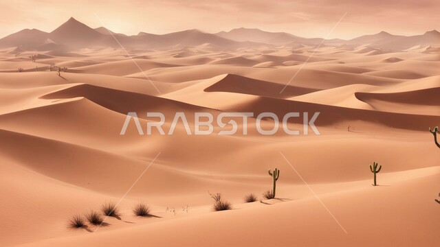 نبات الصبار الشوكي على الرمال الذهبية الناعمة في المناطق الصحراوية، نمو الشوكيات والأعشاب في براري المملكة العربية السعودية، النباتات والمزروعات البرية في المحميات الطبيعية، الكثبان والمرتفعات الرملية في الصحراء