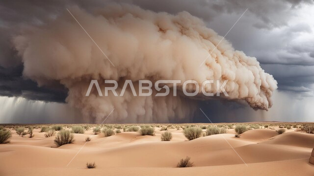 Dust winds in desert areas, dunes and soft golden sand, sand formations and formations in Saudi Arabia, view of a tornado in the desert, strong dust storms in deserts, natural phenomena and disasters
