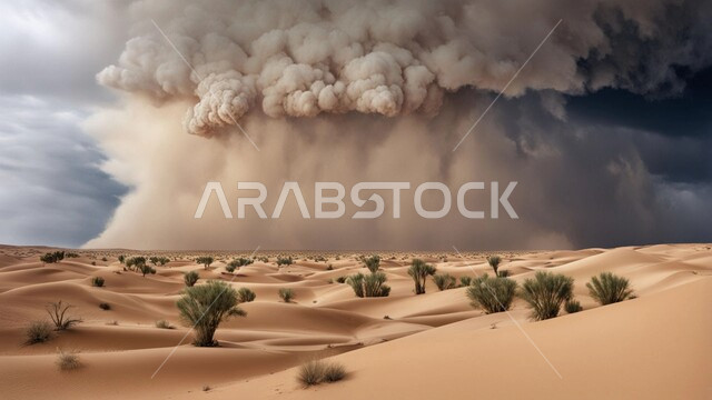 رياح ترابية في المناطق الصحراوية, الكثبان والرمال الذهبية الناعمة، التشكيلات والتكوينات الرملية في المملكة العربية السعودية, النباتات والشوكيات البرية، منظر الإعصار الهوائي في الصحراء, الزوابع الغبارية القوية في الصحاري، الظواهر والكوارث الطبيعية 