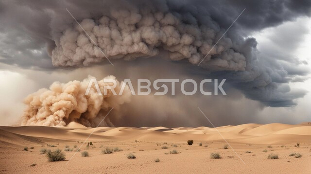 رياح ترابية في المناطق الصحراوية, الكثبان والرمال الذهبية الناعمة، التشكيلات والتكوينات الرملية في المملكة العربية السعودية, النباتات والشوكيات البرية، منظر الإعصار الهوائي في الصحراء, الزوابع الغبارية القوية في الصحاري، الظواهر والكوارث الطبيعية 