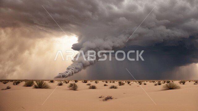 منظر الإعصار الهوائي في الصحراء, رياح ترابية في المناطق الصحراوية, الكثبان والرمال الذهبية الناعمة، التشكيلات والتكوينات الرملية في المملكة العربية السعودية, النباتات والشوكيات البرية، الزوابع الغبارية القوية في الصحاري، الظواهر والكوارث الطبيعية 