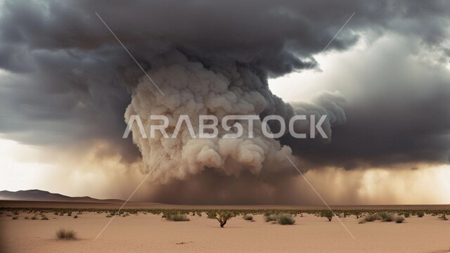 View of tornado in the desert, dust winds in desert areas, dunes and soft golden sand, sand formations and formations in Saudi Arabia, wild plants and thorns, strong dust storms in deserts, natural phenomena and disasters