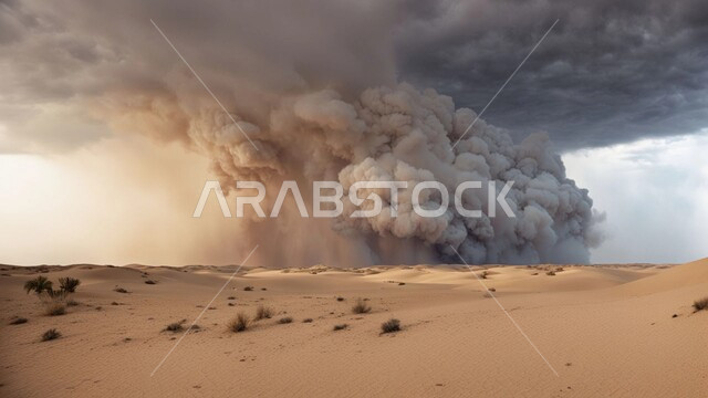 View of tornado in the desert, dust winds in desert areas, dunes and soft golden sand, sand formations and formations in Saudi Arabia, wild plants and thorns, strong dust storms in deserts, natural phenomena and disasters