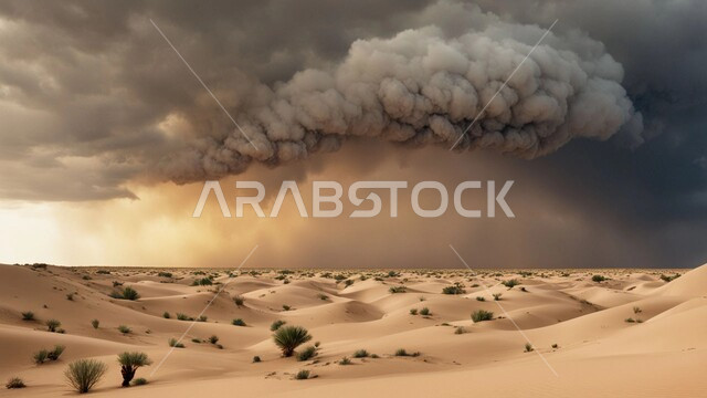 منظر الإعصار الهوائي في الصحراء, رياح ترابية في المناطق الصحراوية, الكثبان والرمال الذهبية الناعمة، التشكيلات والتكوينات الرملية في المملكة العربية السعودية, النباتات والشوكيات البرية، الزوابع الغبارية القوية في الصحاري، الظواهر والكوارث الطبيعية 