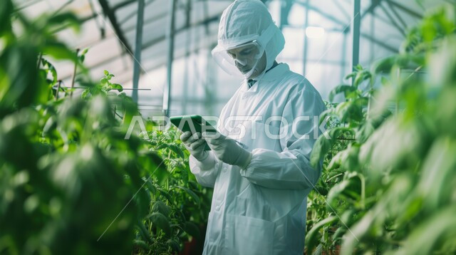 مهندس زراعي يرتدي لباس واقي يهتم بالنباتات الزراعية عبر جهاز التابلت، العمل العلمي والبحث في المزارع العضوية في المحميات الطبيعية في للمملكة العربية السعودية، مفهوم نظم الزراعة الذكية وتطويرها، استخدام الوسائل والمعدات والتقنيات الحديثة لتحسين الانتاج الزراعي