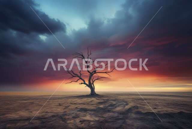 المناظر الطبيعية في صحراء المملكة العربية السعودية، منظر غروب الشمس مع السماء الغائمه على الرمال الذهبية الناعمة والتضاريس الصحراوية, الاشجار والنباتات البرية وسط الطبيعة