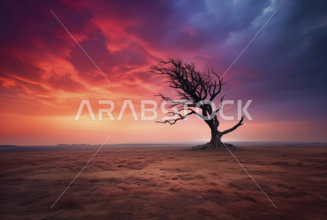 منظر غروب الشمس مع السماء الغائمه على الرمال الذهبية الناعمة والتضاريس الصحراوية, المناظر الطبيعية في صحراء المملكة العربية السعودية، الاشجار والنباتات البرية وسط الطبيعة