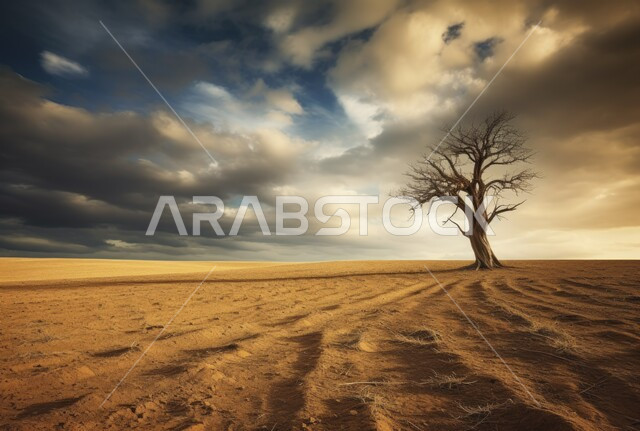 الاشجار والنباتات البرية وسط الطبيعة ,  المناظر الطبيعية في صحراء المملكة العربية السعودية، منظر غروب الشمس مع السماء الغائمه على الرمال الذهبية الناعمة والتضاريس الصحراوية