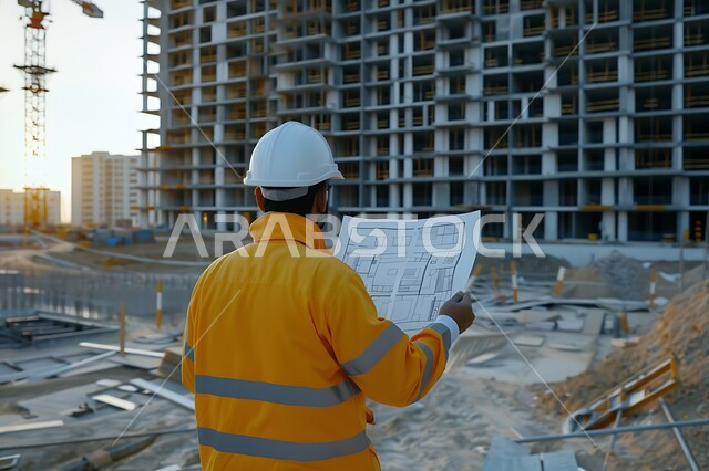 مهن ووظائف هندسية، متابعة تنفيذ المشاريع المعمارية، الاشراف على سير أعمال البناء، العمل في مجال الهندسة الإنشائية، صورة مقربة من الخلف لمهندس عربي خليجي سعودي يرتدي الخوذة وسترة الحماية يحمل بيده مخطط ورقي ويقوم بمتابعة الخطط في موقع العمل