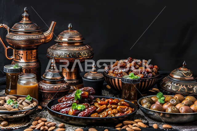 محاصيل زراعية ومنتجات محلية سعودية وطنية، وجبة غذائية عالية الأهمية، غذاء صحي ومفيد، مشروبات ساخنة وضيافة رمضانية شهية، مكسرات وتمور صحية لذيذة، أطباق مليئة بالتمر والفواكه المجففة واللوز  ،  خلفيه سوداء