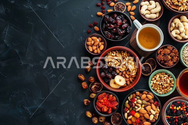 Highly nutritious meal, Saudi national agricultural crops and local products, healthy and useful food, hot drinks and delicious Ramadan hospitality, delicious healthy nuts and dates, dishes full of dates, dried fruits and fresh almonds