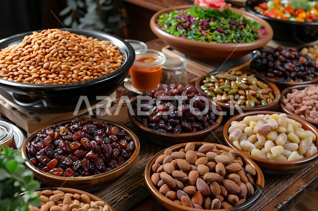 محاصيل زراعية ومنتجات محلية سعودية وطنية، وجبة غذائية عالية الأهمية، غذاء صحي ومفيد، مشروبات ساخنة وضيافة رمضانية شهية، مكسرات وتمور صحية لذيذة، أطباق مليئة بالتمر والفواكه المجففة واللوز