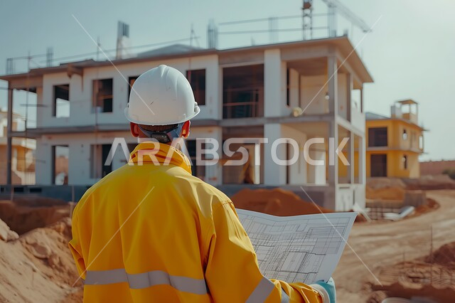 Engineering professions and jobs, following up on the implementation of architectural projects, supervising the progress of construction work, working in the field of structural engineering, a close-up image from the back of a Saudi Arabian Gulf engineer wearing a helmet and a protective vest, holding a paper plan in his hand and following up on plans at the work site