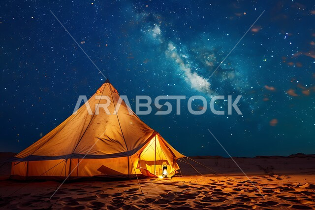 Traditional illuminated metal lanterns, places of adventure and wilderness outings, a view of the starry sky at night, a quiet youth camping atmosphere at night, tourist camps in the deserts of the Kingdom of Saudi Arabia, nature and soft golden sands