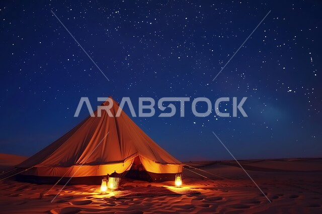 Adventure and wilderness outings, a view of the starry sky at night, traditional illuminated metal lanterns, a quiet youth camping atmosphere at night, tourist camps in the deserts of the Kingdom of Saudi Arabia, nature and soft golden sands