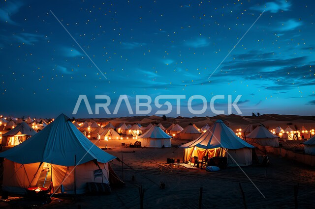 منظر السماء المليئة بالنجوم ليلا، الفوانيس المعدنية التقليدية المضيئة، أماكن المغامرات والكشتات البرية، أجواء تخييم شبابية ليلية هادئة، مخيمات سياحية في صحاري المملكة العربية السعودية، الطبيعة والرمال الذهبية الناعمة