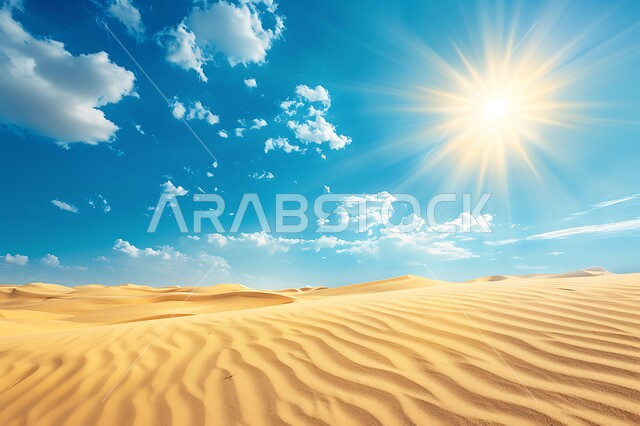 الهضاب والتلال الرملية الطبيعية وسط الصحراء، مناطق البادية والبيئة الصحراوية وقت النهار ،الرمال الذهبية الناعمة المتموجة والكثبان في صحراء المملكة العربية السعودية,،  خلفية الطبيعه