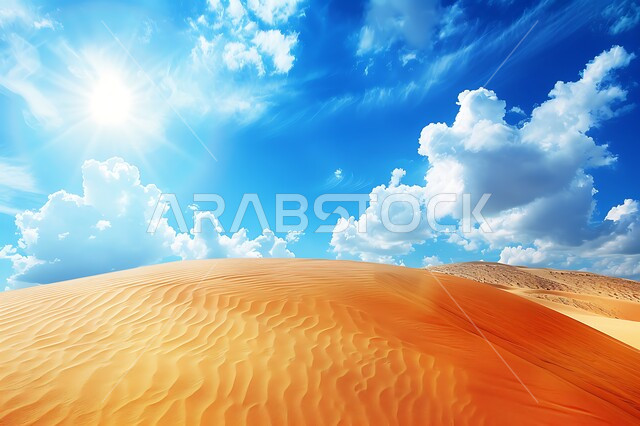 مناطق البادية والبيئة الصحراوية وقت النهار ،الرمال الذهبية الناعمة المتموجة والكثبان في صحراء المملكة العربية السعودية,، الهضاب والتلال الرملية الطبيعية وسط الصحراء، خلفية الطبيعه