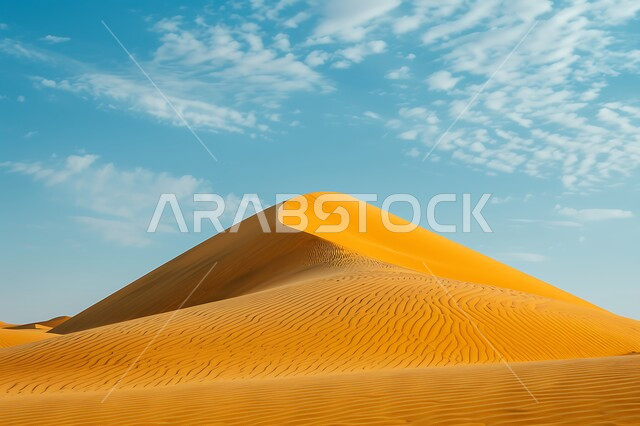 الرمال الذهبية الناعمة المتموجة والكثبان في صحراء المملكة العربية السعودية,، مناطق البادية والبيئة الصحراوية وقت النهار ، الهضاب والتلال الرملية الطبيعية وسط الصحراء، خلفية الطبيعه