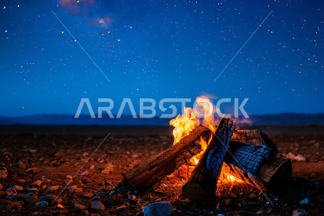 أجواء ليلية هادئة أمام شعلة الحطب في الصحراء، أماكن المغامرات والكشتات البرية، مخيمات سياحية في صحاري المملكة العربية السعودية، أجواء التخييم الشبابية الممتعه، الطبيعة والرمال الذهبية الناعمة، منظر السماء المرصعة بالنجوم ليلا