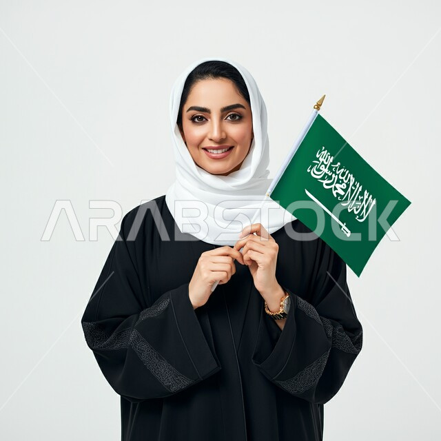 التعبير عن الفخر والاعتزاز بالانتماء للمملكة, ذكرى العيد الوطني السعودي 23 سبتمبر, صورة مقربة لامرأة عربية سعودية خليجية محجبة ترتدي العباءة السوداء تحمل بيدها علم السعودية للاحتفال بيوم العلم 11مارس