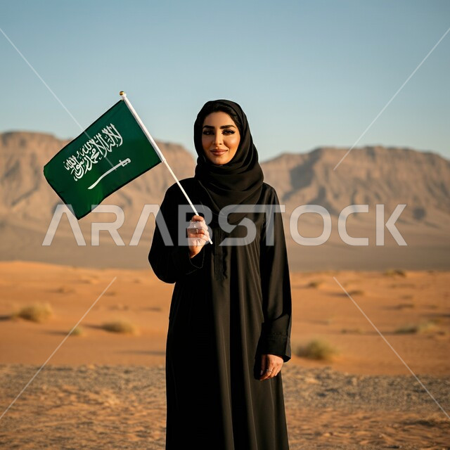 ذكرى العيد الوطني السعودي 23 سبتمبر, بورتريه لامرأة عربية سعودية خليجية محجبة ترتدي العباءة السوداء تحمل بيدها علم السعودية للاحتفال بيوم العلم 11مارس, التعبير عن الفخر والاعتزاز بالانتماء للمملكة