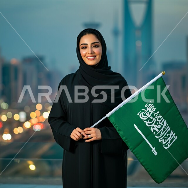 ذكرى العيد الوطني السعودي 23 سبتمبر, بورتريه لامرأة عربية سعودية خليجية محجبة ترتدي العباءة السوداء تحمل بيدها علم السعودية للاحتفال بيوم العلم 11مارس, التعبير عن الفخر والاعتزاز بالانتماء للمملكة