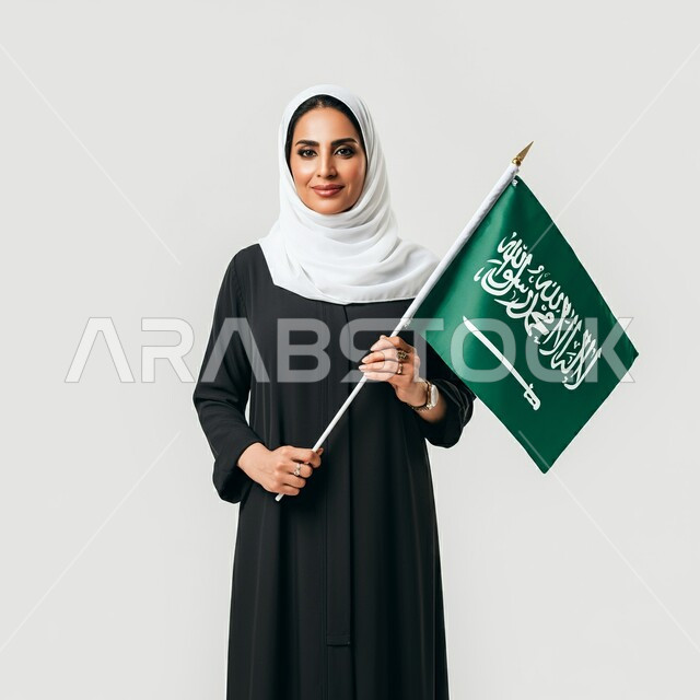 التعبير عن الفخر والاعتزاز بالانتماء للمملكة, ذكرى العيد الوطني السعودي 23 سبتمبر, صورة مقربة لامرأة عربية سعودية خليجية محجبة ترتدي العباءة السوداء تحمل بيدها علم السعودية للاحتفال بيوم العلم 11مارس
