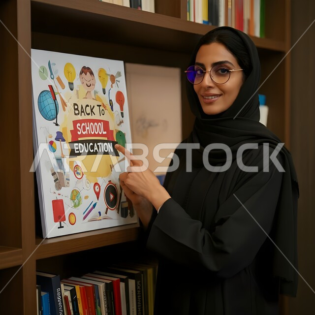 قراءة الكتب في مكتبة الجامعه، صورة مقربة لإمرأة محجبة عربية خليجيه في بيئة جامعيه تعليمية متطورة، جامعات اكاديميه في المملكه العربيه السعوديه, منارة للثقافة والفكر، مفهوم العودة الى المدارس