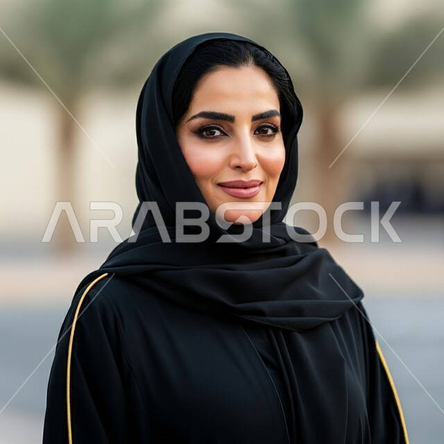 مفهوم الثقة بالنفس, تصاميم أزياء للمحجبات عصرية حديثة، الاهتمام بالمظهر الخارجي و الأناقة، بوتريه مقرب لامرأة عربية خليجية سعودية مبتسمة محجبة ترتدي عباءة سوداء تنظر إلى الكاميرا بإيماءات السعادة و السرور