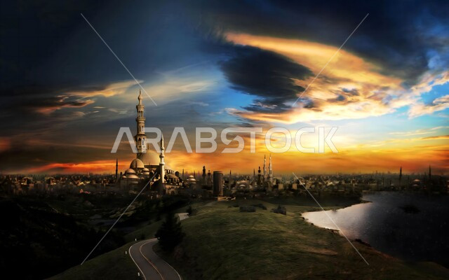 نداء المسلمين لأداء الفرائض والصلوات, صورة ظلية لقبب ومآذن المساجد الاسلامية, الأجواء الروحانية المتميزة في المدينة, الفن الهندسي المعماري على الطراز العربي الاسلامي, منظر السماء الملبدة بالغيوم وقت غروب الشمس، العبادة والتقرب إلى الله تعالى