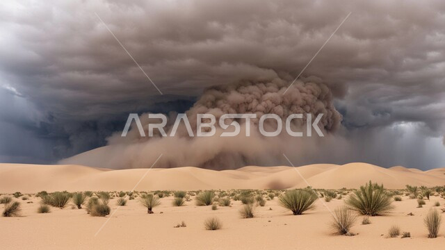 الظواهر والكوارث الطبيعية، منظر الإعصار الهوائي في الصحراء, رياح ترابية في المناطق الصحراوية, الكثبان والرمال الذهبية الناعمة، التشكيلات والتكوينات الرملية في المملكة العربية السعودية, النباتات والشوكيات البرية، الزوابع الغبارية القوية في الصحاري