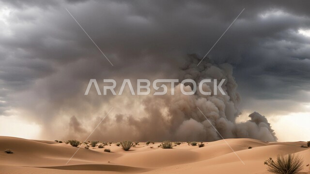الظواهر والكوارث الطبيعية، منظر الإعصار الهوائي في الصحراء, رياح ترابية في المناطق الصحراوية, الكثبان والرمال الذهبية الناعمة، التشكيلات والتكوينات الرملية في المملكة العربية السعودية, النباتات والشوكيات البرية، الزوابع الغبارية القوية في الصحاري