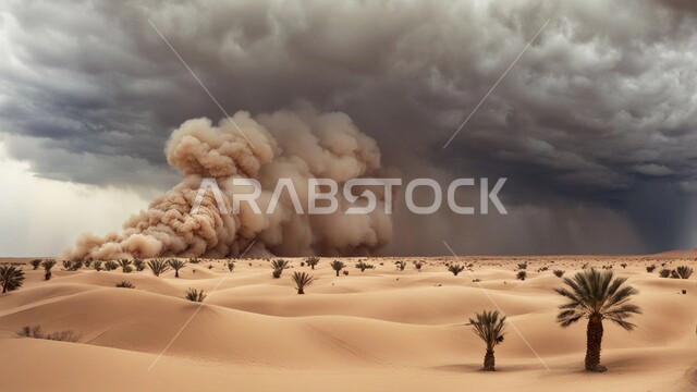 الظواهر والكوارث الطبيعية، منظر الإعصار الهوائي في الصحراء, رياح ترابية في المناطق الصحراوية, الكثبان والرمال الذهبية الناعمة، التشكيلات والتكوينات الرملية في المملكة العربية السعودية, النباتات والشوكيات البرية، الزوابع الغبارية القوية في الصحاري