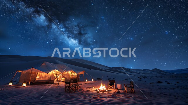 الأجواء الشتوية الهادئة، خيمة بدوية شعبية وسط الصحراء، منظر السماء المليئة بالنجوم ليلا, الرمال الذهبية الناعمة، مخيمات سياحية في المناطق البرية، كشتة و جلسة بر شبابية، التخييم في صحاري المملكة العربية السعودية