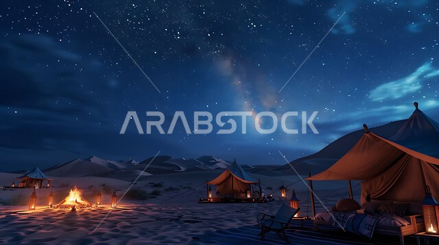 الأجواء الشتوية الهادئة، خيمة بدوية شعبية وسط الصحراء، منظر السماء المليئة بالنجوم ليلا, الرمال الذهبية الناعمة، مخيمات سياحية في المناطق البرية، كشتة و جلسة بر شبابية، التخييم في صحاري المملكة العربية السعودية