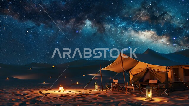 Traditional illuminated metal lanterns, places of adventure and wilderness outings, a view of the starry sky at night, a quiet youth camping atmosphere at night, tourist camps in the deserts of the Kingdom of Saudi Arabia, nature and soft golden sands