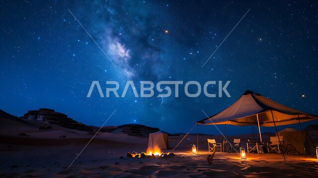 Traditional illuminated metal lanterns, places of adventure and wilderness outings, a view of the starry sky at night, a quiet youth camping atmosphere at night, tourist camps in the deserts of the Kingdom of Saudi Arabia, nature and soft golden sands
