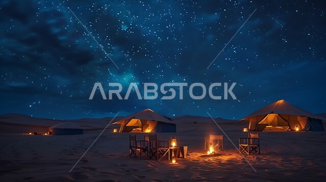 أجواء ليلية هادئة أمام شعلة الحطب, مخيمات سياحية في صحاري المملكة العربية السعودية, الاستمتاع بالتجارب الشيقة في المناطق الصحراوية, المغامرات والكشتات البرية, أجواء التخييم الشبابية الممتعه، خيام شعبية على الرمال الذهبية الناعمة