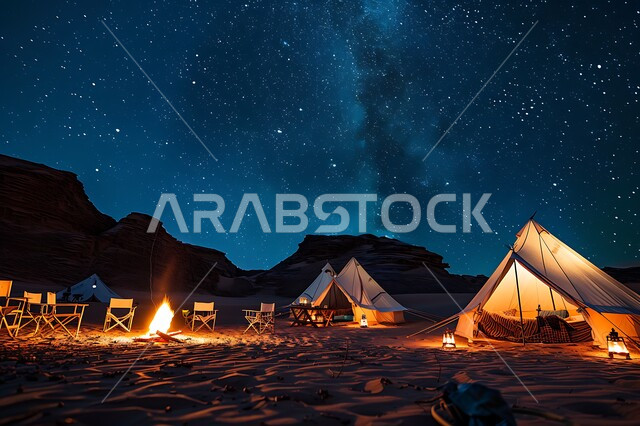  جلسة شعبية وكشتات بر ممتعه, خيم تقليدية في المناطق الصحراوية, مخيمات السياحة في صحاري المملكة, المناظر الطبيعية والسماء المليئة بالنجوم, الاستمتاع بالرحلات الشبابية الشيقة, مغامرات سياحية ليلية, الفوانيس المعدنية المتوهجة على الرمال الذهبية الناعمة