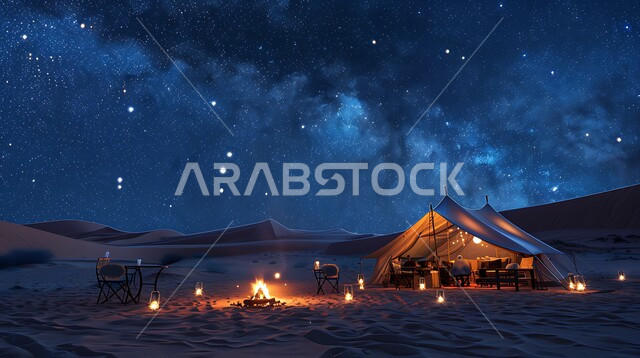 الاستمتاع بالرحلات الشبابية الشيقة, مغامرات سياحية ليلية, الفوانيس المعدنية المتوهجة على الرمال الذهبية الناعمة في السعودية, جلسة شعبية وكشتات بر, خيم تقليدية في المناطق الصحراوية, مخيمات السياحة في صحاري المملكة, المناظر الطبيعية والسماء المليئة بالنجوم ليلا
