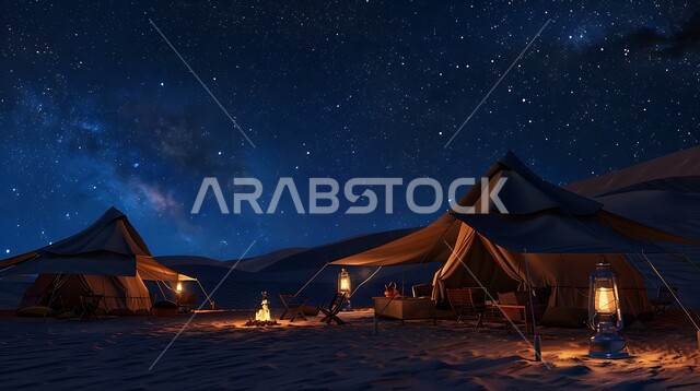 Traditional illuminated metal lanterns, places of adventure and wilderness outings, a view of the starry sky at night, a quiet youth camping atmosphere at night, tourist camps in the deserts of the Kingdom of Saudi Arabia, nature and soft golden sands