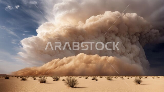 الظواهر والكوارث الطبيعية، منظر الإعصار الهوائي في الصحراء, رياح ترابية في المناطق الصحراوية, الكثبان والرمال الذهبية الناعمة، التشكيلات والتكوينات الرملية في المملكة العربية السعودية, النباتات والشوكيات البرية، الزوابع الغبارية القوية في الصحاري