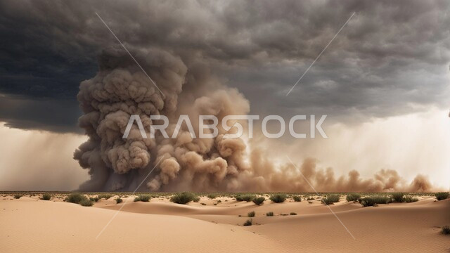 الظواهر والكوارث الطبيعية، منظر الإعصار الهوائي في الصحراء, رياح ترابية في المناطق الصحراوية, الكثبان والرمال الذهبية الناعمة، التشكيلات والتكوينات الرملية في المملكة العربية السعودية, النباتات والشوكيات البرية، الزوابع الغبارية القوية في الصحاري
