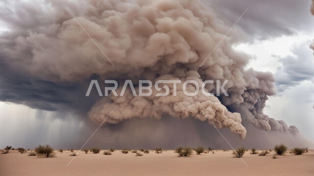 الظواهر والكوارث الطبيعية، منظر الإعصار الهوائي في الصحراء, رياح ترابية في المناطق الصحراوية, الكثبان والرمال الذهبية الناعمة، التشكيلات والتكوينات الرملية في المملكة العربية السعودية, النباتات والشوكيات البرية، الزوابع الغبارية القوية في الصحاري