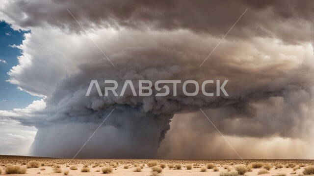 الظواهر والكوارث الطبيعية، منظر الإعصار الهوائي في الصحراء, رياح ترابية في المناطق الصحراوية, الكثبان والرمال الذهبية الناعمة، التشكيلات والتكوينات الرملية في المملكة العربية السعودية, النباتات والشوكيات البرية، الزوابع الغبارية القوية في الصحاري